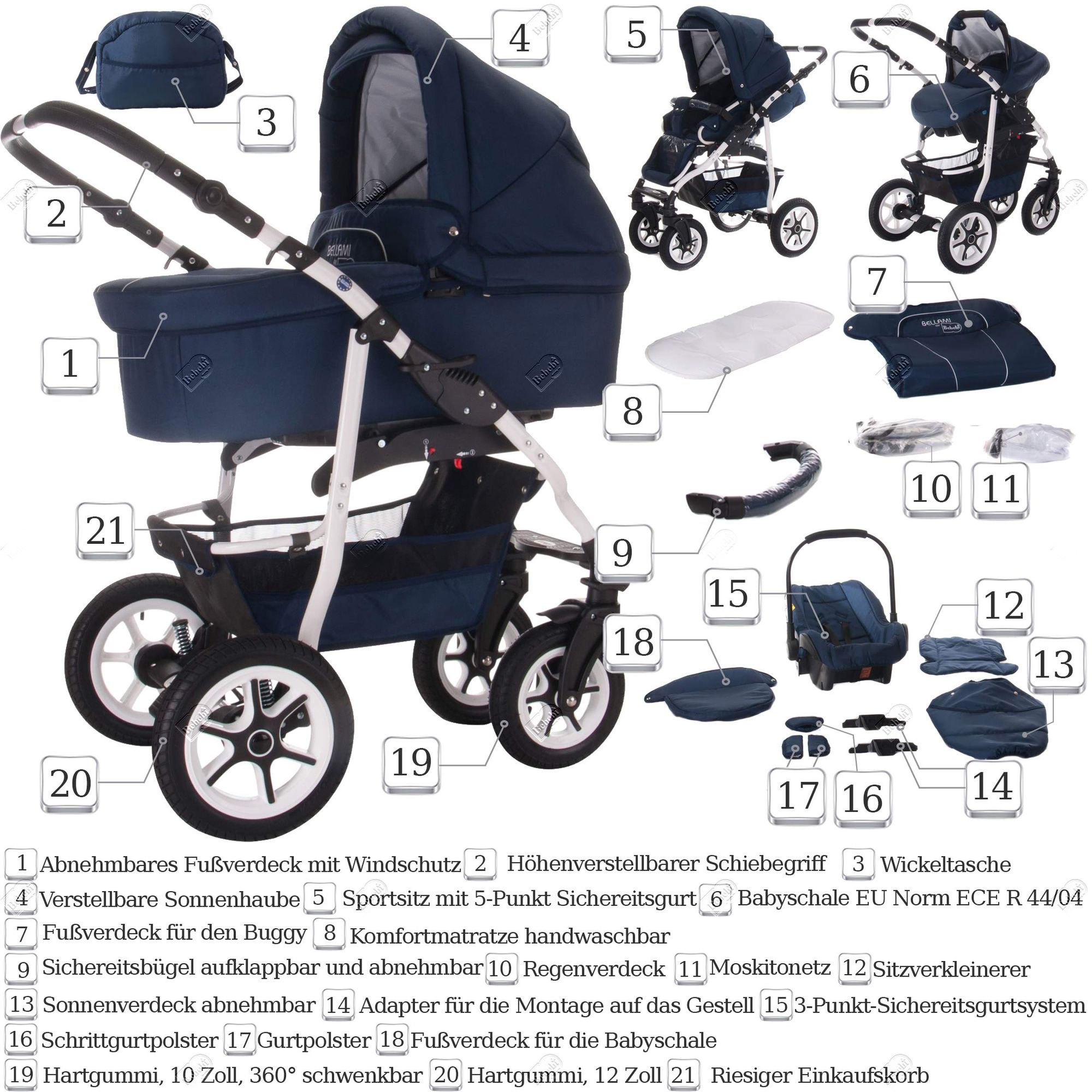 Bebebi Bellami 3 in 1 Kinderwagen Set mit Original Maxi Cosi, Luft Bellablue