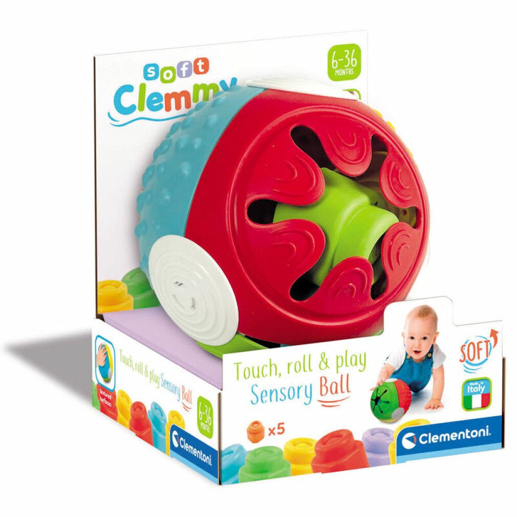 Verpackung mit einem Clementoni Soft Clemmy Ball. Enthält einen Ball und kleine farbige Formen. Baby auf der Verpackung.