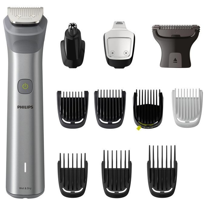 Viene mostrato il Philips All-in-One Trimmer MG5940/15 Serie 5000. Il set include un trimmer argentato con vari accessori: rifinitore per naso, rifinitore di precisione, rifinitore per corpo e diverse pettini di varie dimensioni. Il trimmer è adatto per l'uso a secco e bagnato.