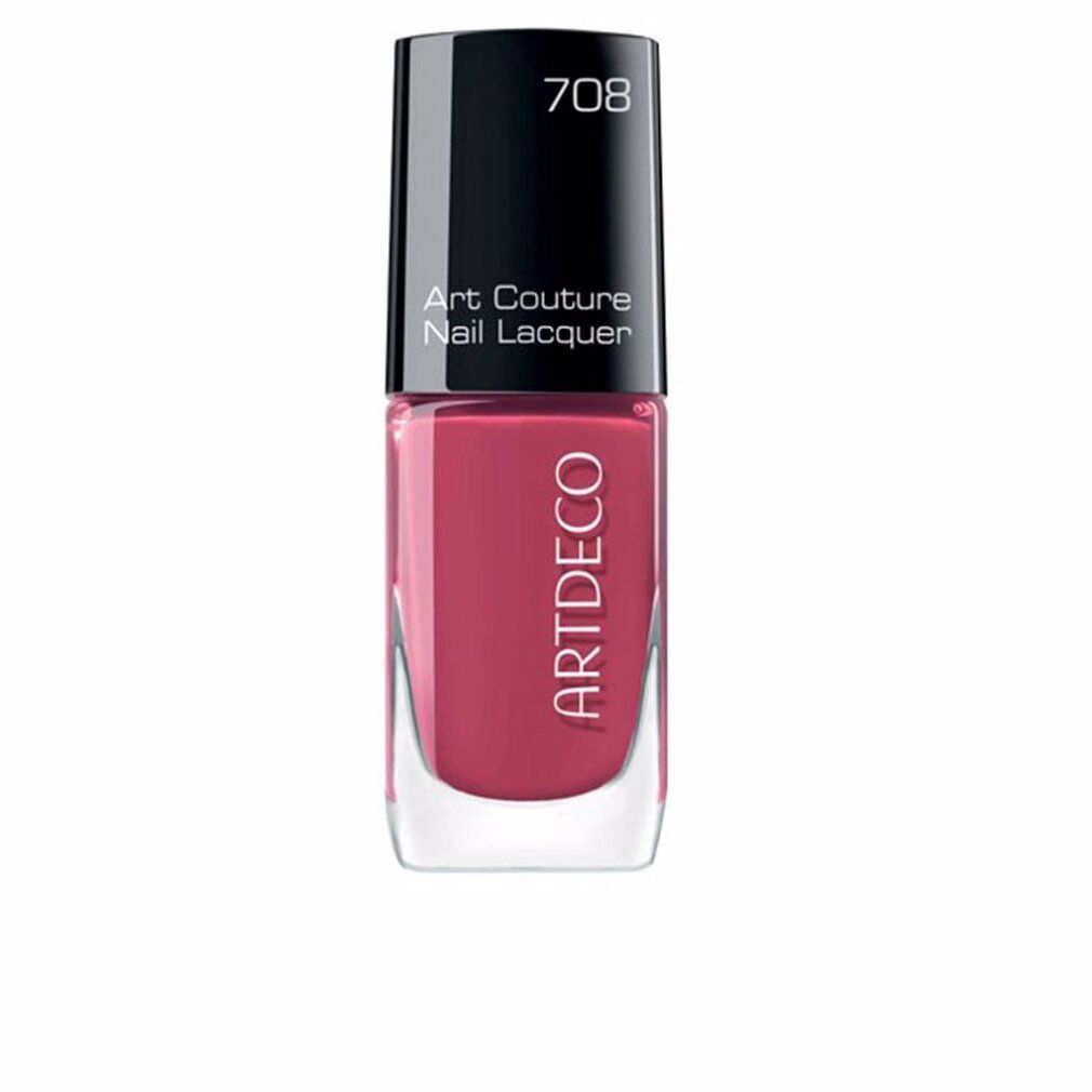 Artdeco Art Couture Nagellack, Farbton 708. Flasche mit schwarzem Deckel. Rosa Nagellack mit weißem Markennamen.