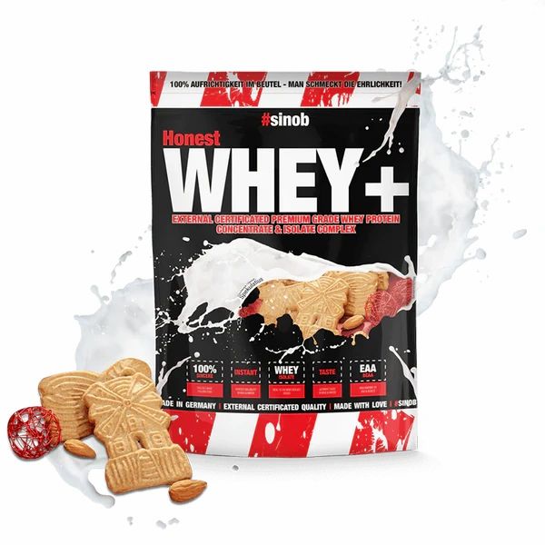Sinob Honest Whey+ Proteinbeutel. Schwarzer Hintergrund mit weißem Schriftzug. Rote und weiße Akzente. Kekse und Mandeln.