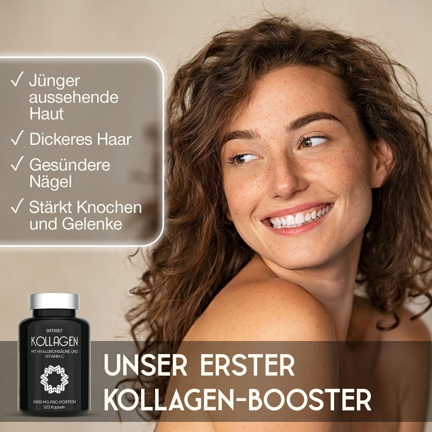 Schwarze Flasche mit Kapseln. Aufschrift: KOLLAGEN. Frau mit Haut und Haaren. Text: Jüngere Haut, dickeres Haar, gesunde Nägel, starke Knochen.