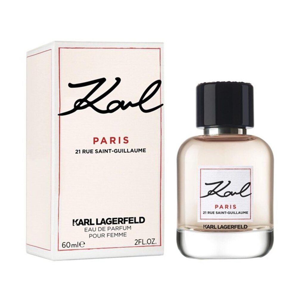 Parfümflasche und Verpackung. Aufschrift: Karl, Paris, 21 Rue Saint-Guillaume, Karl Lagerfeld. 60ml, 2FL.OZ.