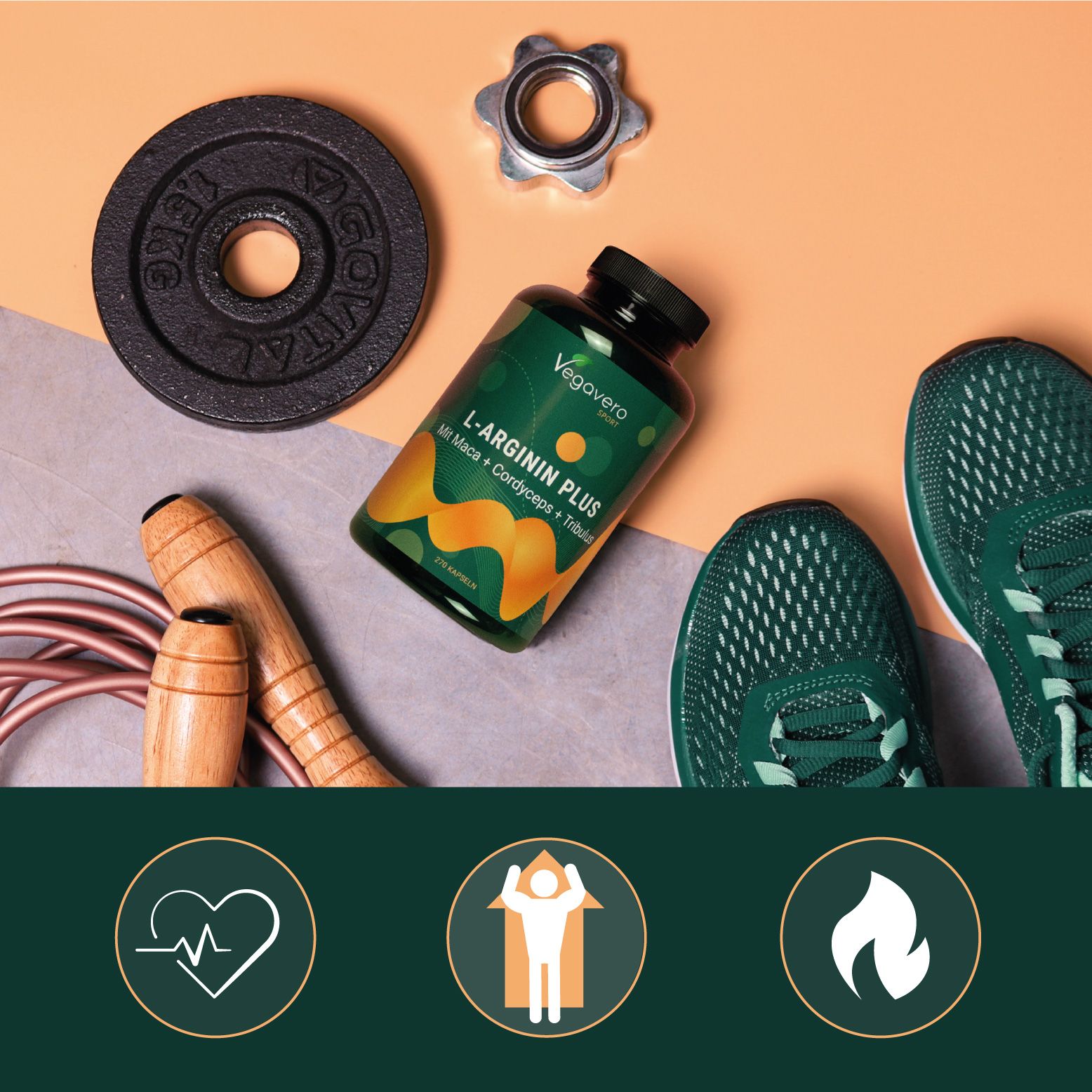 Bottiglia del prodotto con attrezzi sportivi. L-Arginina Plus. Simbolo del cuore, persona, fiamma. Verde, arancione, nero.