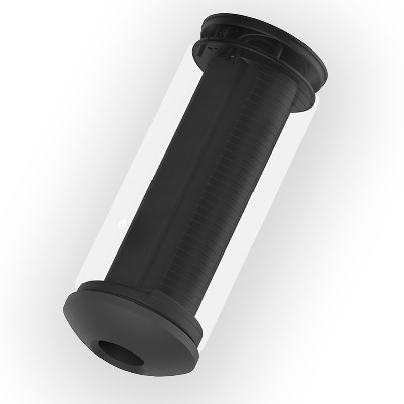 Schwarzer, zylindrischer Vibrator. In transparenter Hülle. Geriffelte Oberfläche. Unterseite mit Öffnung.