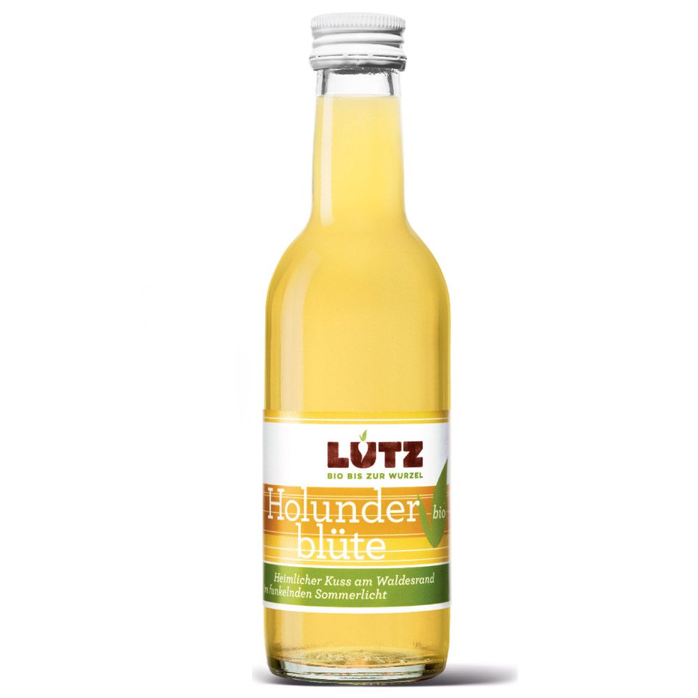 Eine Glasflasche Bio-Fruchtsaft von Bio-Lutz. Das Etikett zeigt den Namen "Holunderblüte" und die Aufschrift "bio". Die Flasche ist mit einem silbernen Deckel verschlossen und enthält eine gelbliche Flüssigkeit.
