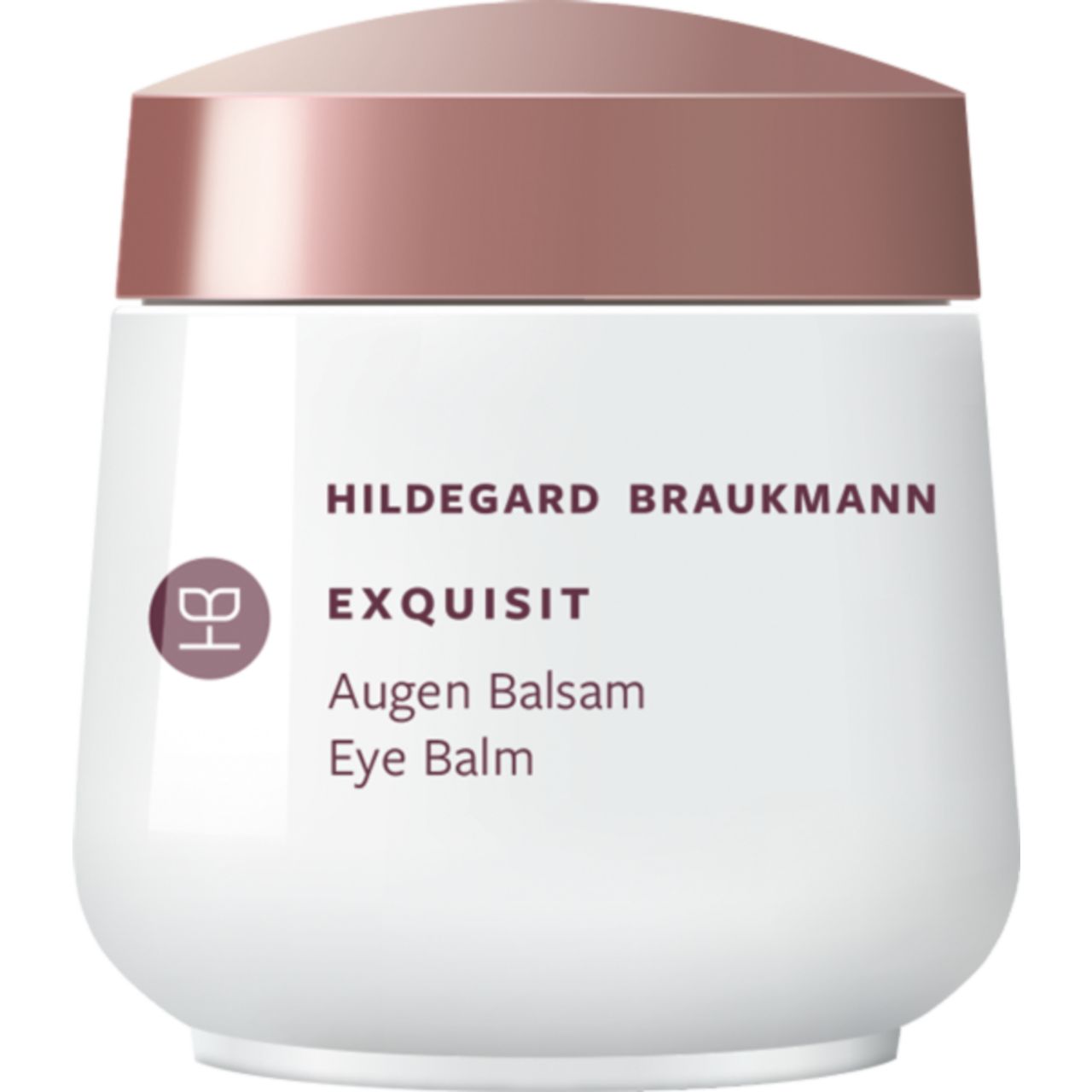 Weißer Tiegel mit kupferfarbenem Deckel. Beschriftung: Hildegard Braukmann, Exquisit Augen Balsam, Eye Balm. Logo.
