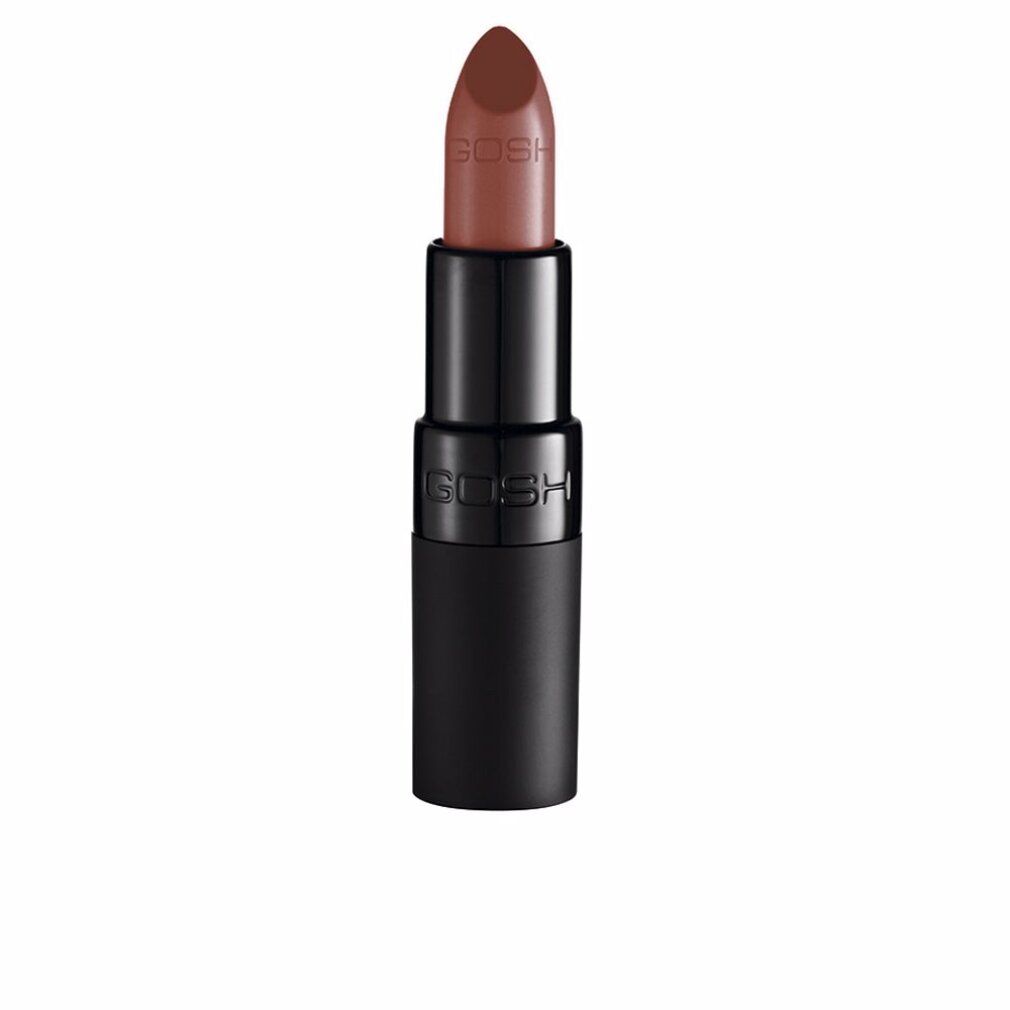 Gosh Lippenstift mit schwarzem Gehäuse und braunem Farbton.