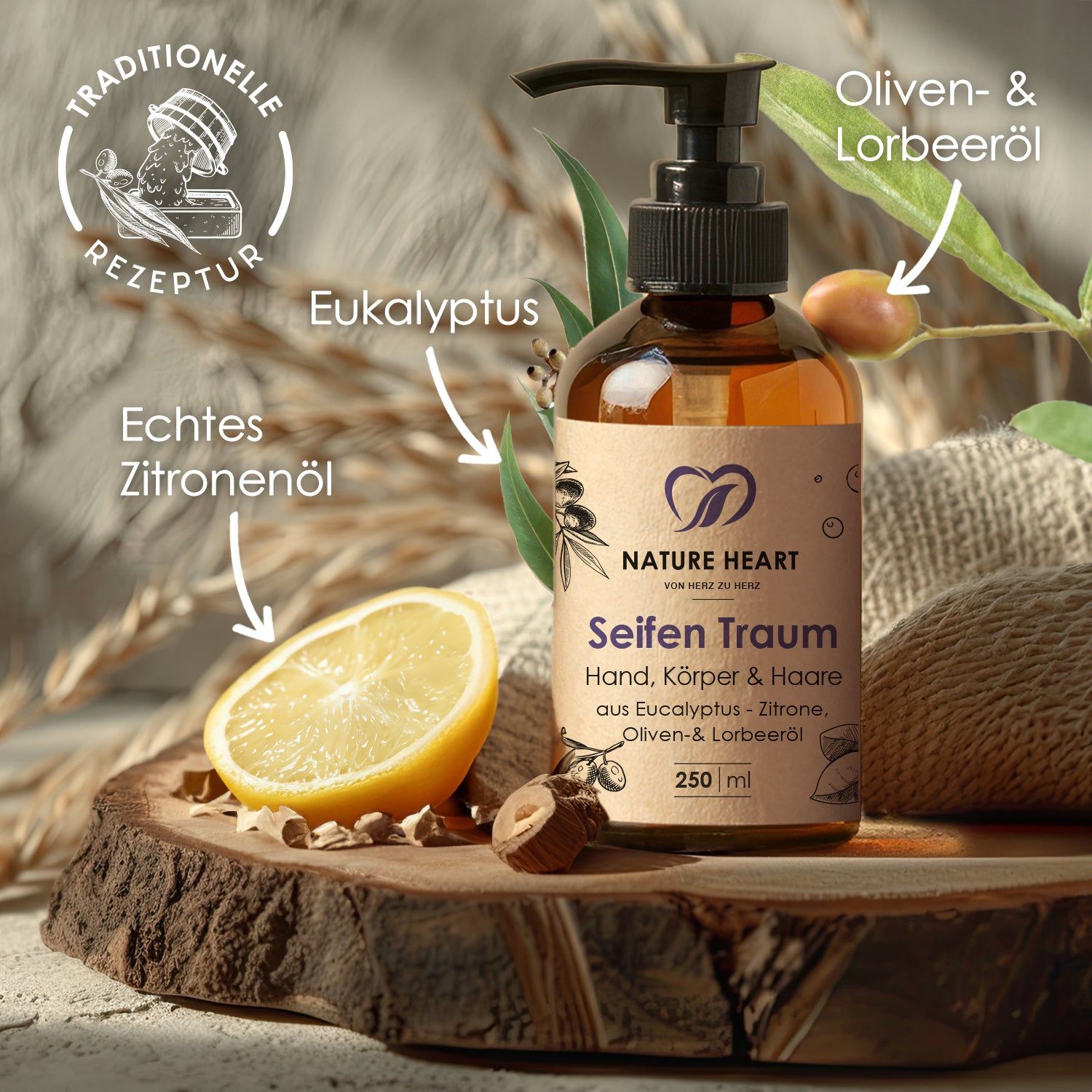 Produktflasche mit Zutaten und Text. Zitrone, Oliven, Lorbeeröl und Eukalyptus. Auf Holzbrett platziert.