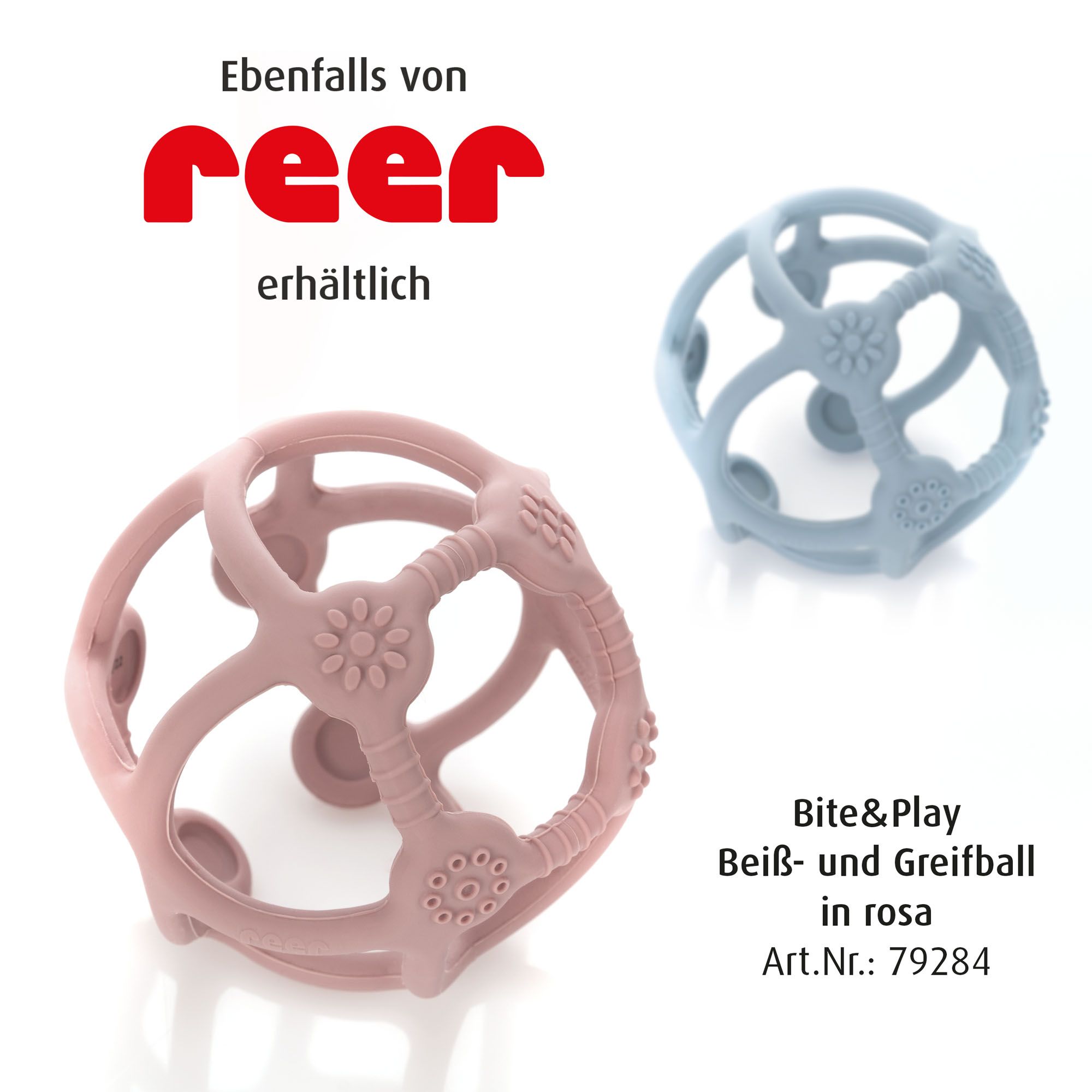 Zwei Beiß- und Greifbälle aus Silikon: einer hellblau, einer rosa. Marke: reer.