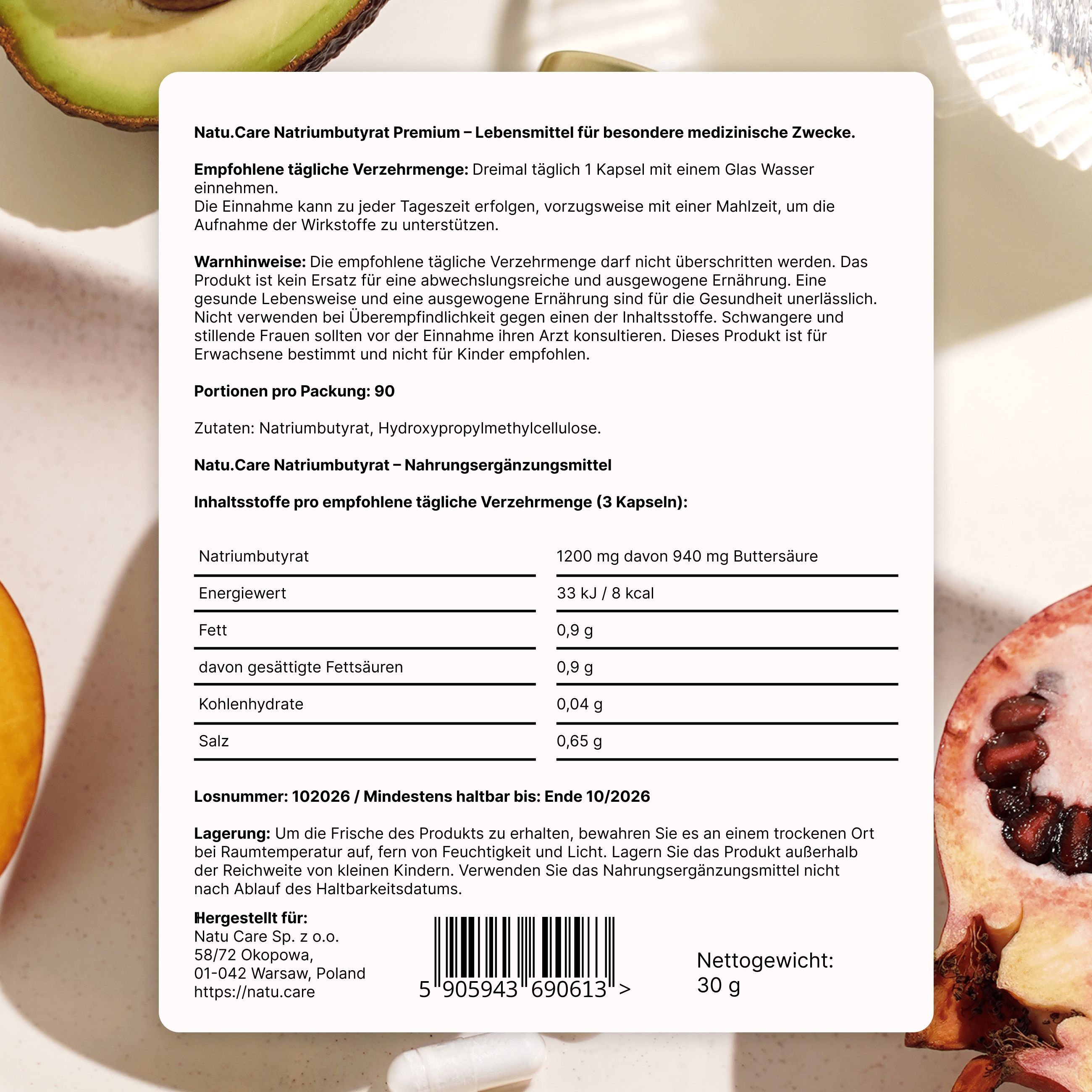 Rückseite der Verpackung mit Informationen zu Inhaltsstoffen und Nährwerten.