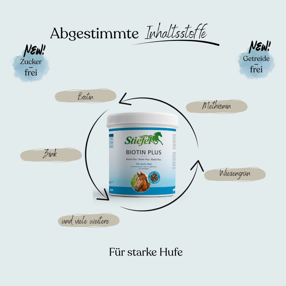 Weißes Produktgebinde mit blauem Etikett. Aufschrift: Stiefel Biotin Plus. Abbildung eines Pferdes. Text: Für starke Hufe.
