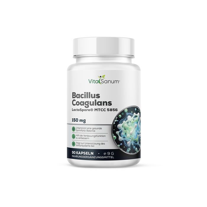 VitaSanum® Bacillus Coagulans LactoSpore® Kapseln, 90 Stück. Weißer Behälter mit Etikett, das Bakterienkultur zeigt.