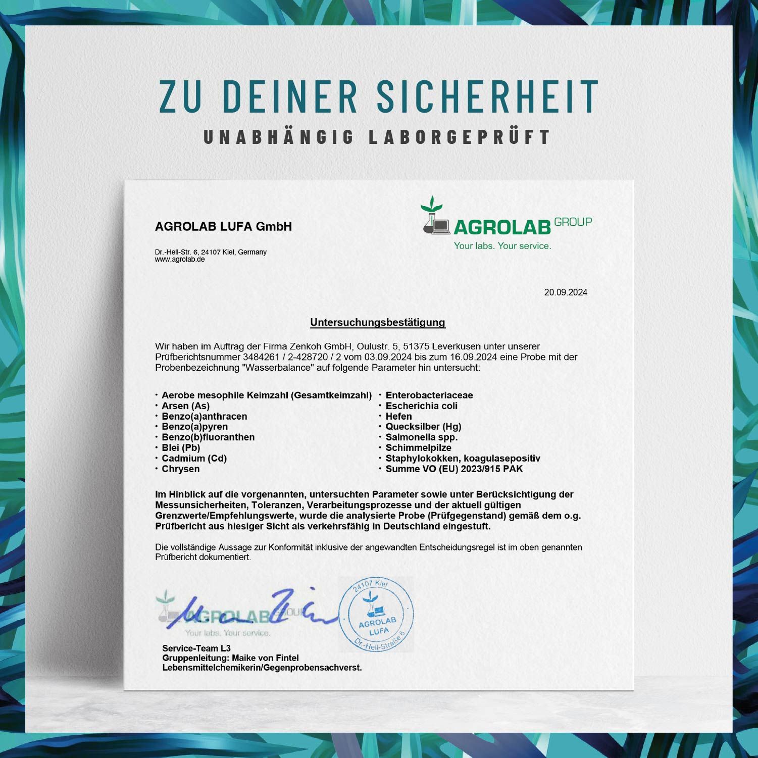 Laborbericht von AGROLAB LUFA GmbH. Untersucht auf verschiedene Parameter. Stempel und Unterschrift. Text: Unabhängig laborgeprüft.