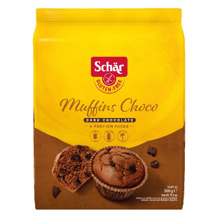 Gelbe Verpackung mit Schär Muffins Choco glutenfrei. Abgebildet sind Muffins und Schokoladenstückchen. Text: Dark Chocolate, 4 Portion Packs.