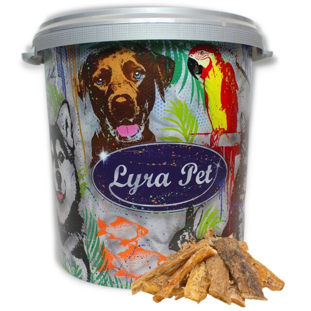 Eimer mit Lyra Pet Logo und Rindernackensehnen. Aufdrucke: Hunde, Papagei, Fische. Deckel silberfarben. Produkt daneben.