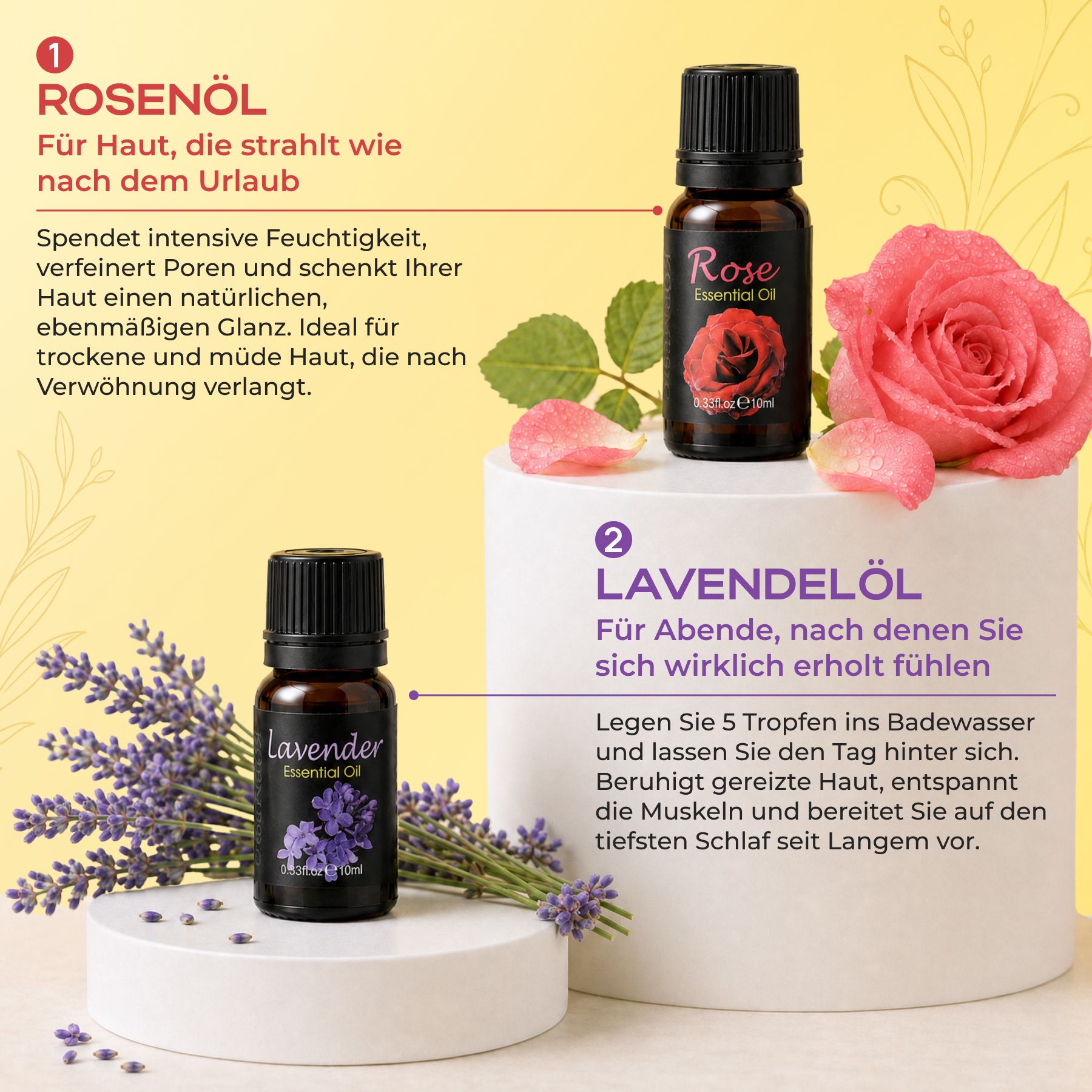 Dunkle Glasflasche mit schwarzem Deckel, Etikett mit roter Rose und Aufschrift 'Rose Essential Oil'.