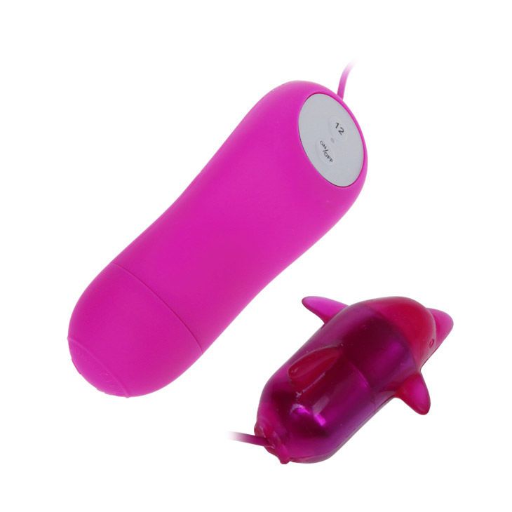 Rosa Vibrator mit Fernbedienung. Der Vibrator hat eine Delfinform. Die Fernbedienung hat einen Ein-/Ausschalter und eine Nummer 12.