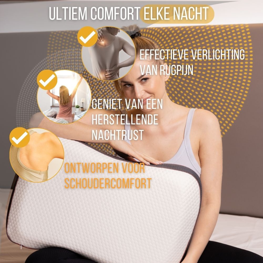 Vrouw met kussen. Labels: rugpijn, schoudercomfort, herstellende nachtrust.