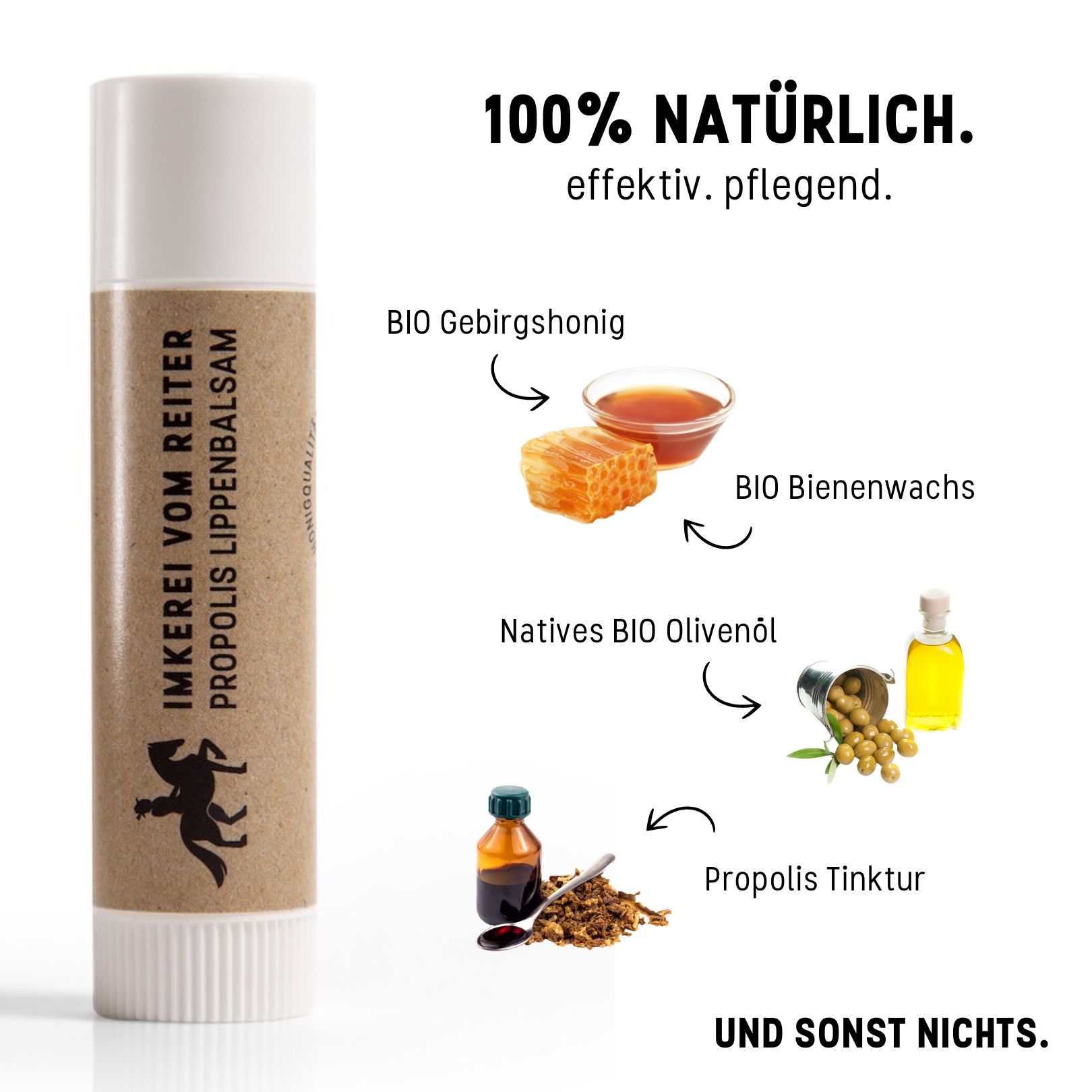 Produktabbildung mit Zutaten: Bio-Gebirgshonig, Bio-Bienenwachs, natives Bio-Olivenöl, Propolis-Tinktur. Text: 100% natürlich, effektiv, pflegend.