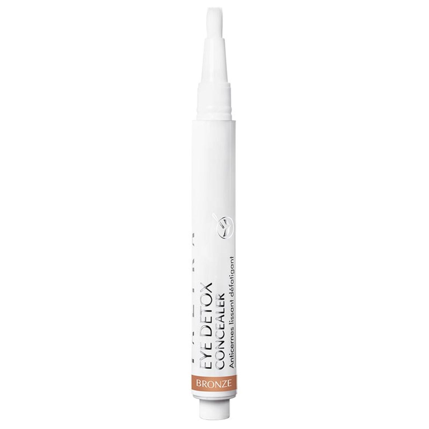 Make-Up Eye Detox Concealer bronze. Weißer Stift mit Applikator. Produktbezeichnung und Farbe aufgedruckt.