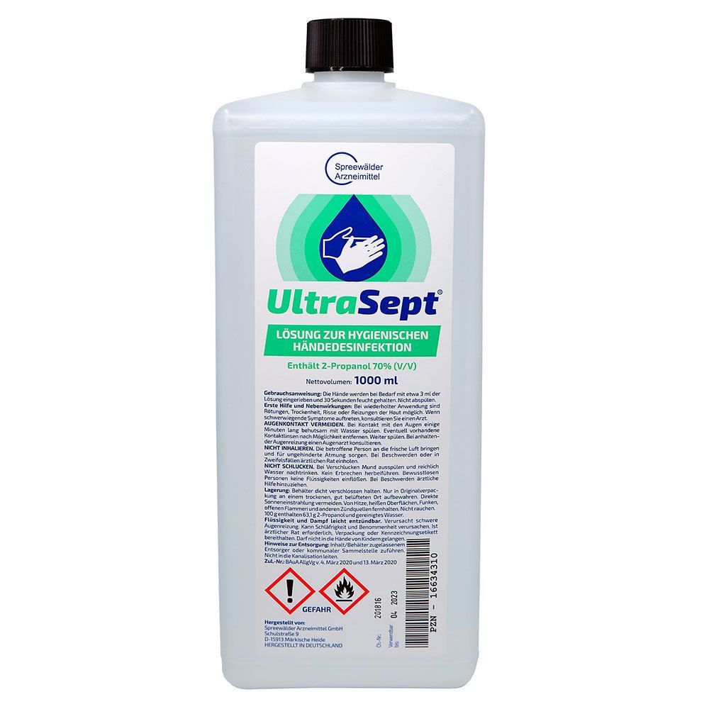 Weißliche Flasche mit schwarzem Deckel. Aufschrift: UltraSept Lösung zur hygienischen Händedesinfektion. Warnhinweise.