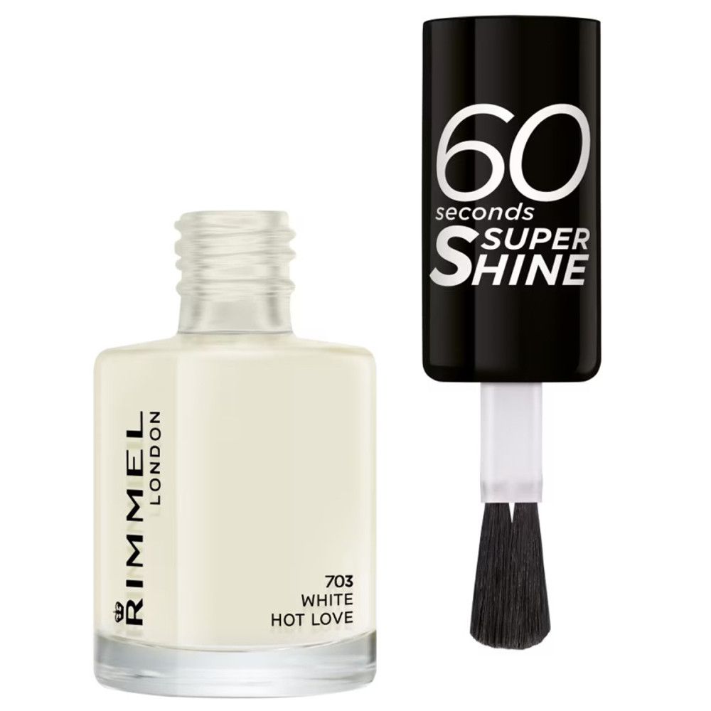 Nagellackflasche, weiß. Schwarzer Deckel mit "60 seconds SUPER SHINE"-Schriftzug. Pinsel sichtbar. Marke: Rimmel London.