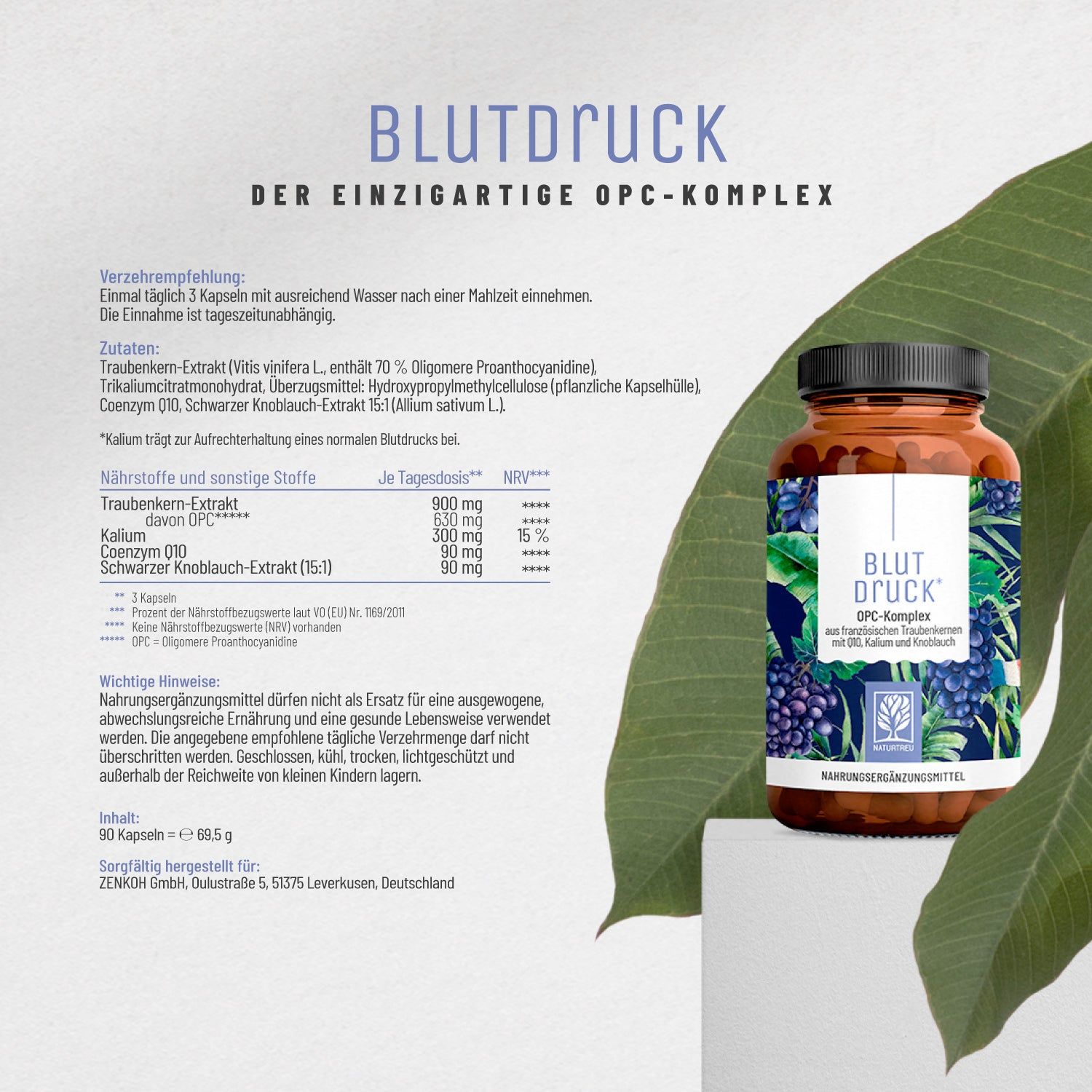 Braune Flasche mit Produktaufdruck. Text: Der einzigartige OPC-Komplex. Zutaten, Nährwerte. 90 Kapseln.