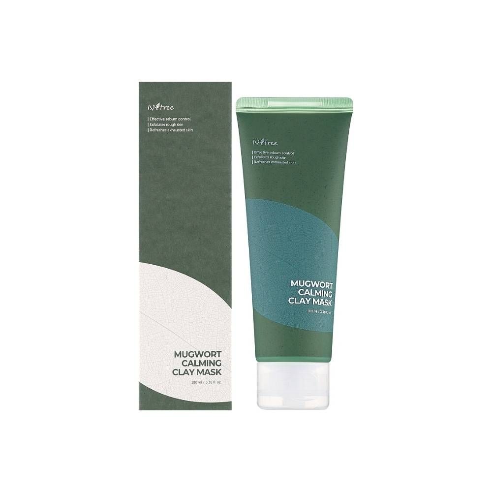 Gesichtsmaske in Tube mit Verpackung. Grün-blaue Farbgebung. Aufschrift: Mugwort Calming Clay Mask.
