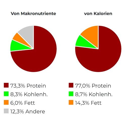 Diagramme mit Makronährstoffen und Kalorien. Protein, Kohlenhydrate, Fett und andere Bestandteile werden prozentual dargestellt.