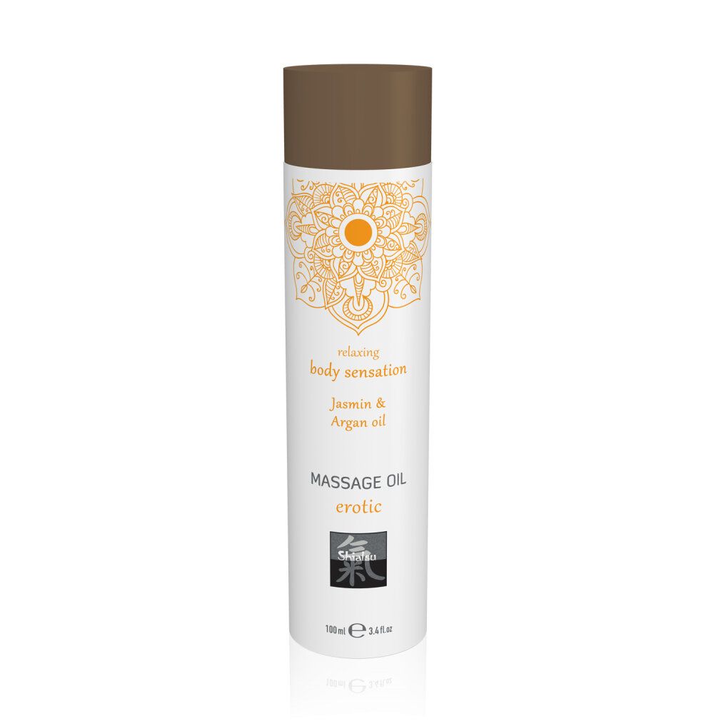Zylindrische Flasche mit braunem Deckel. Aufschrift: Massage Oil erotic, Jasmin & Arganöl. Orangefarbenes Mandala-Design.