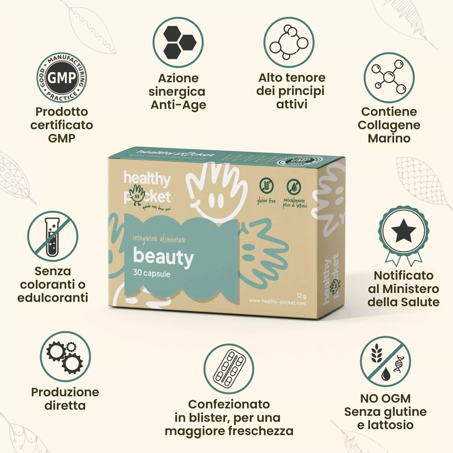 Beauty-Kapsel-Verpackung mit GMP-Siegel, glutenfrei, ohne Farbstoffe.