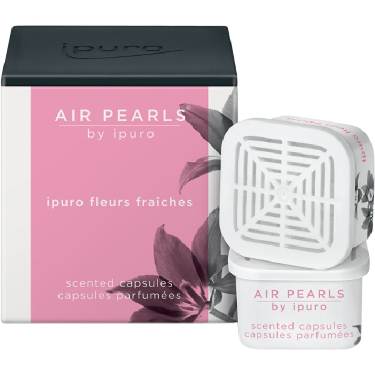 Verpackung mit rosa Akzenten und Produktnamen. Zwei weiße, quadratische Kapseln mit Gittern. Text: Air Pearls by ipuro.
