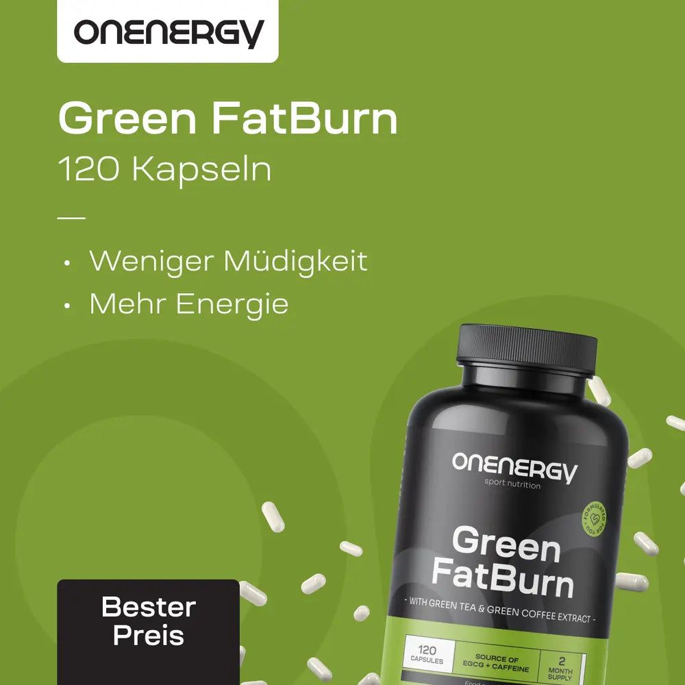 Flasche "OnEnergy Green FatBurn" mit 120 Kapseln. Text: Weniger Müdigkeit, Mehr Energie. "Bester Preis"-Label.