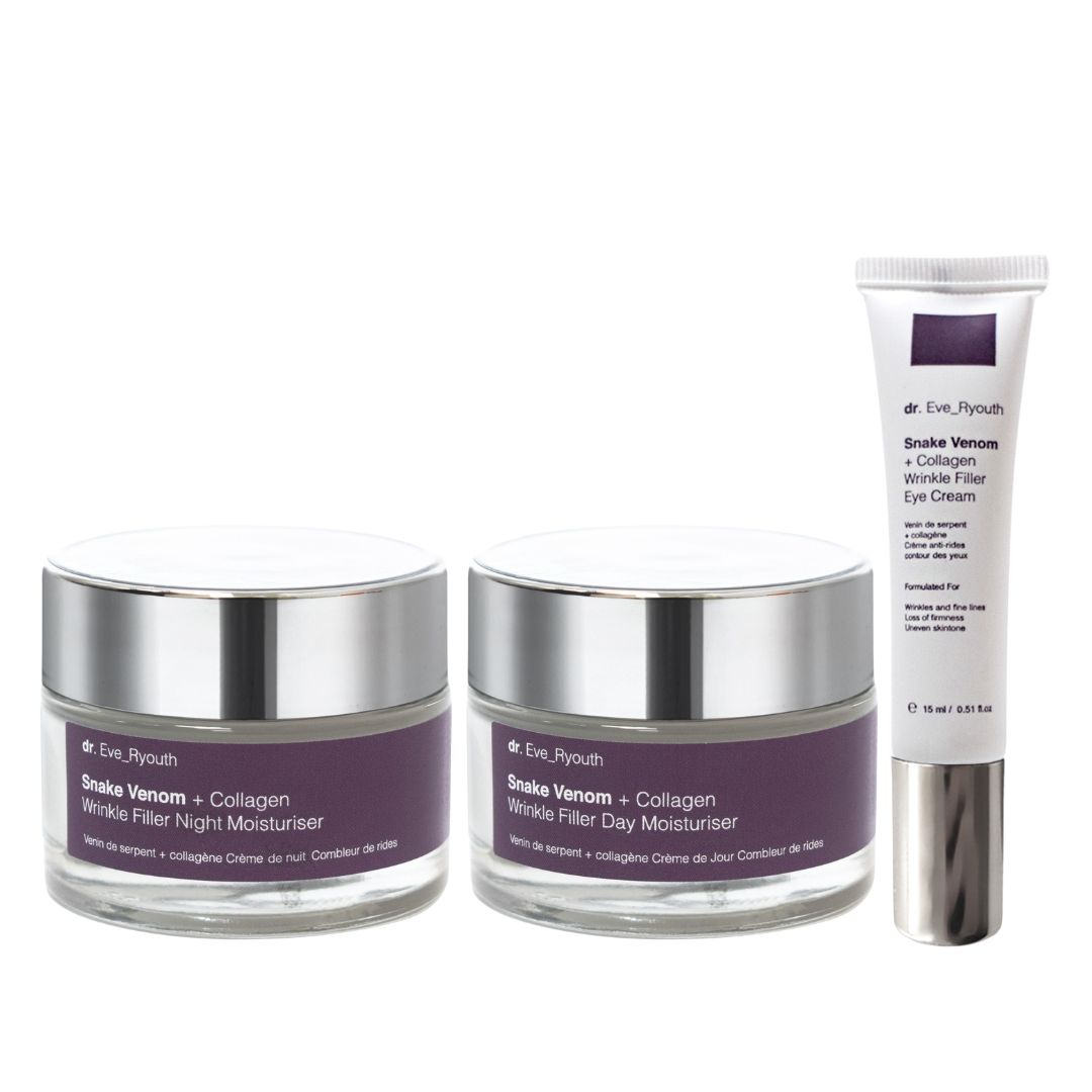 Drei Kosmetikprodukte: zwei Cremes in Gläsern, eine Augencreme in Tube. Lila Etiketten, silberne Deckel. Text: Dr. Eve_Ryouth.