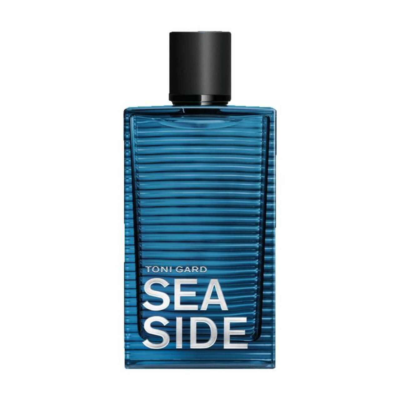 Blaues Eau de Toilette-Flakon mit schwarzem Deckel. Schriftzug SEA SIDE. Marke Toni Gard.