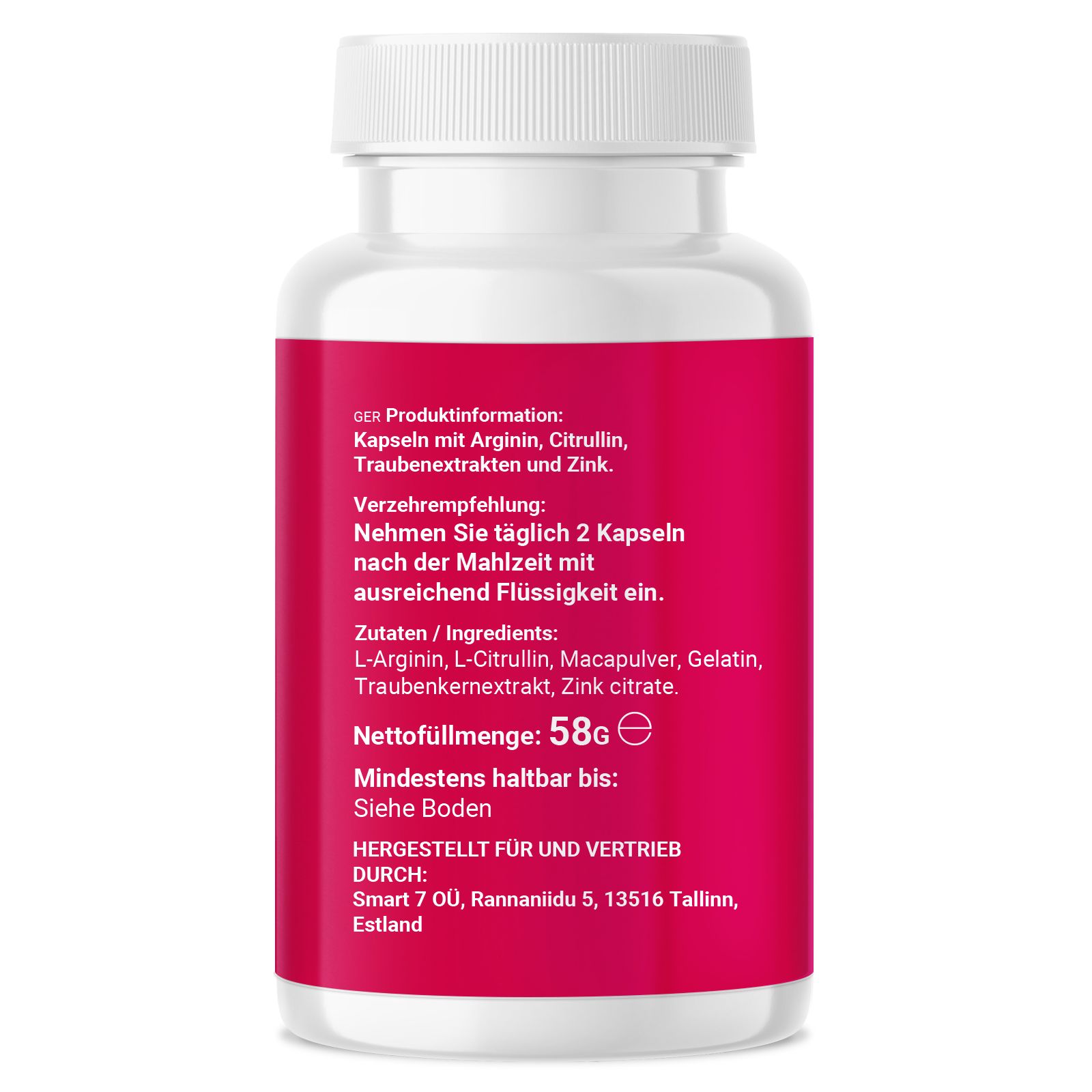 Rückseite einer weißen Pillenflasche. Rotes Etikett mit Produktinformationen und Inhaltsstoffen.