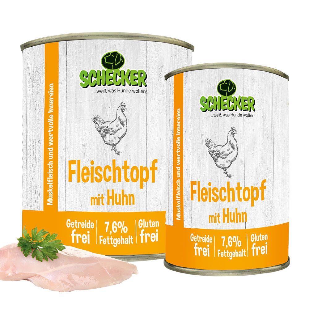 Zwei Dosen Schecker Fleischtopf mit Huhn. Eine Dose mit Huhn-Illustration. Getreide-, glutenfrei. 7,6% Fettgehalt. Hühnerbrust.