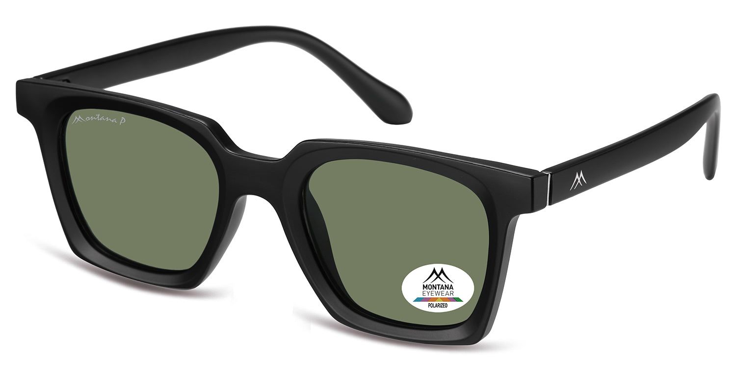 Schwarze Sonnenbrille, schräg von vorne. Auf dem rechten Glas befindet sich ein Aufkleber mit Logo und 'POLARIZED'.