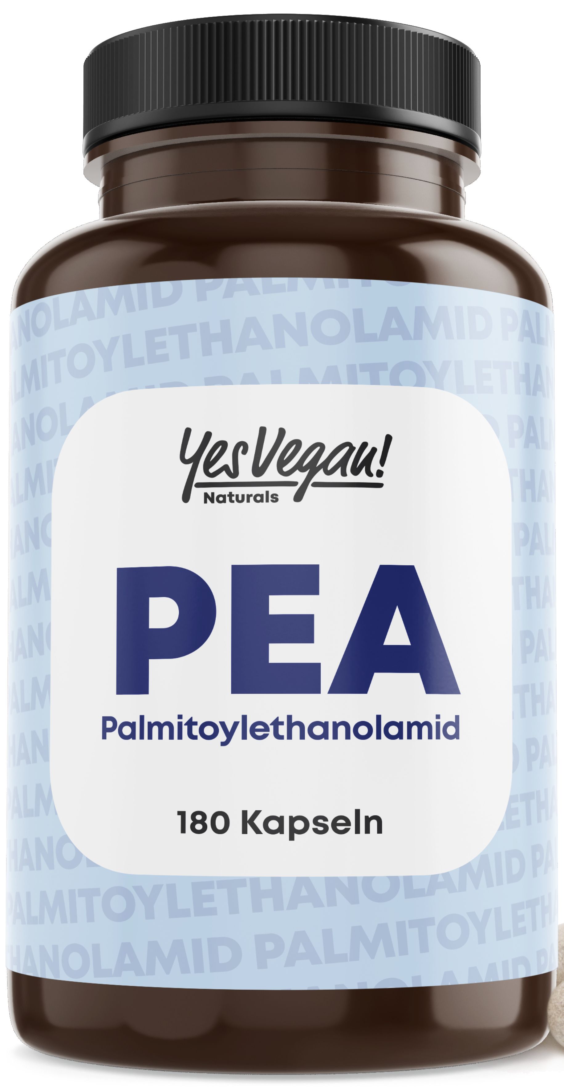 Braune Flasche mit schwarzem Deckel. Weißes Etikett mit blauer Aufschrift: PEA Palmitoylethanolamid, 180 Kapseln. Marke: YesVegan!