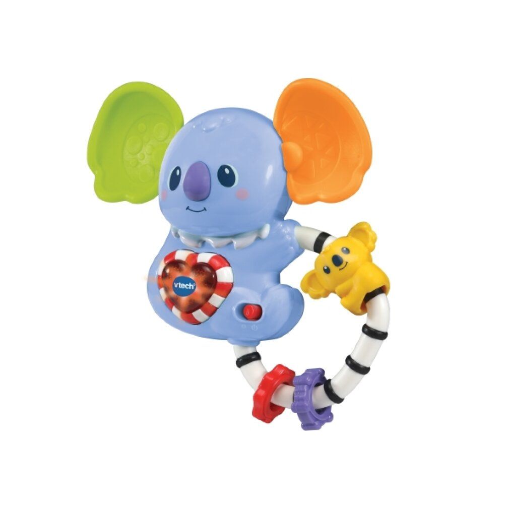 Blaues Koala-Rasselspielzeug mit bunten Ohren und einem Herz. Mit VTech-Logo. Ring mit bunten Ringen und einem gelben Koala.