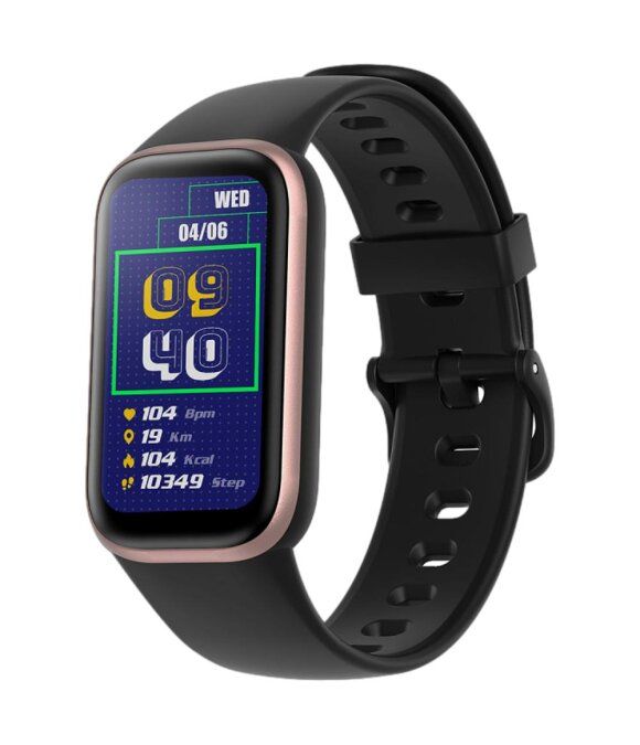 Schwarze Smartwatch mit roségoldfarbenem Rahmen. Das Display zeigt Uhrzeit, Datum, Herzfrequenz, Distanz, Kalorien und Schritte an.
