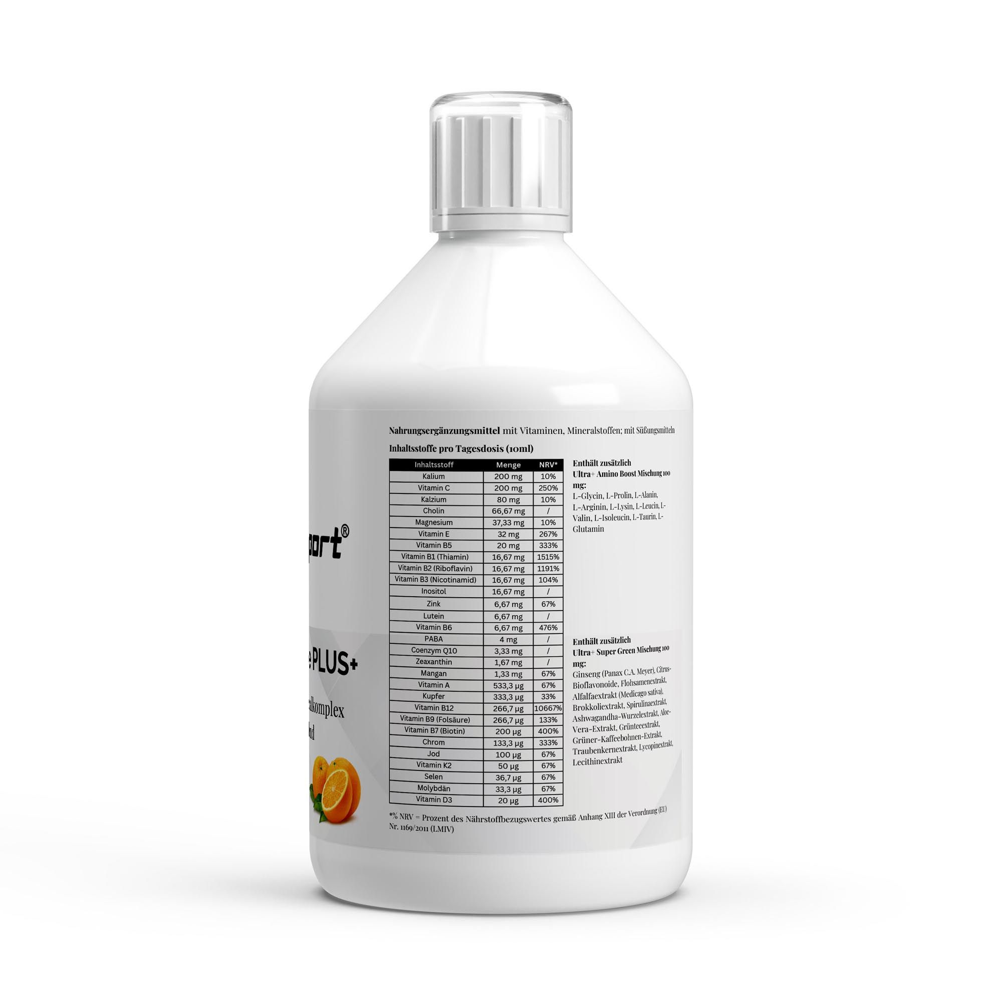 Rückseite der Flasche mit Nährwertangaben. Tabellarische Auflistung von Vitaminen und Mineralstoffen.