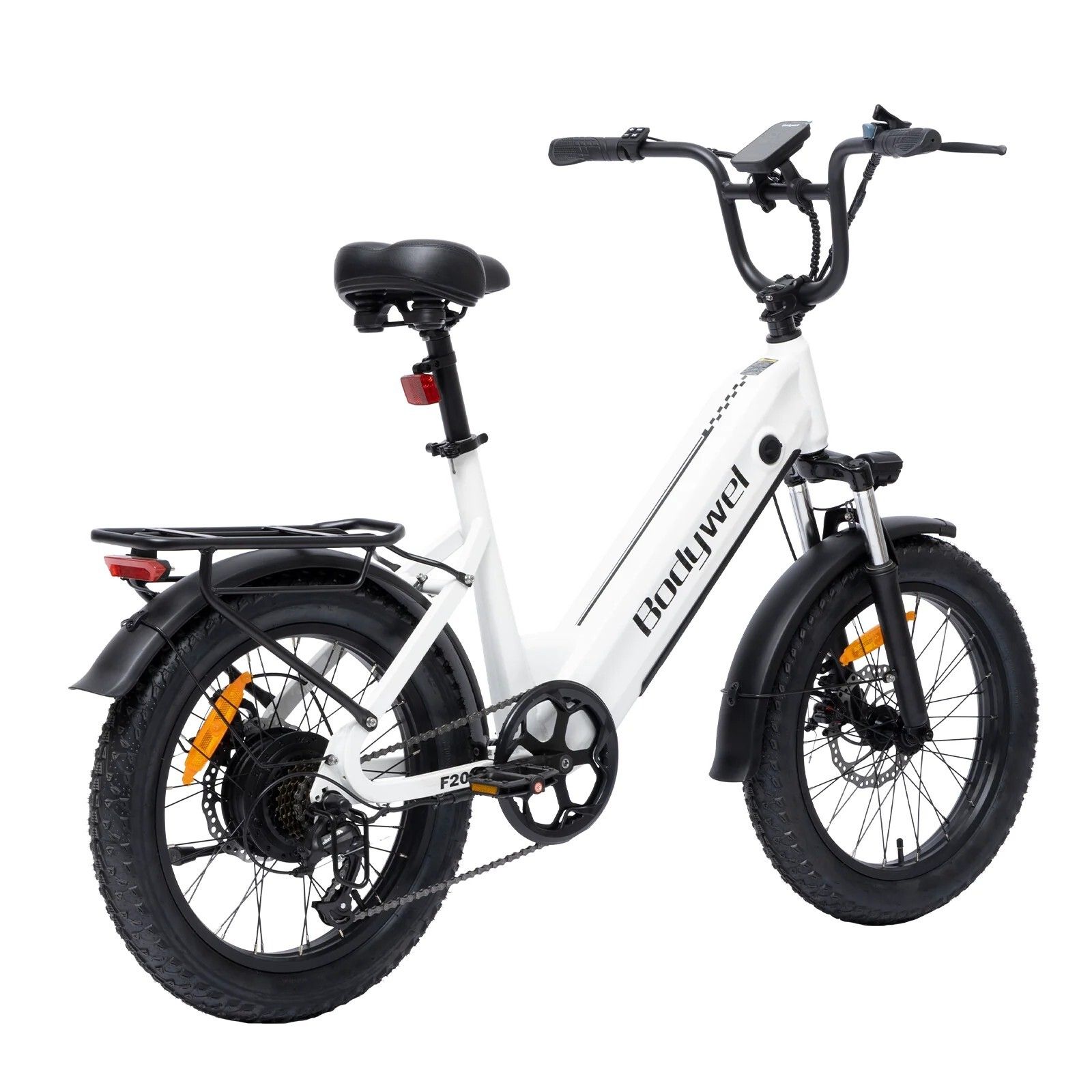 Weißes Elektrofahrrad Bodywel F20. Schwarze Reifen, Sattel und Lenker. Gepäckträger hinten. Aufschrift Bodywel.