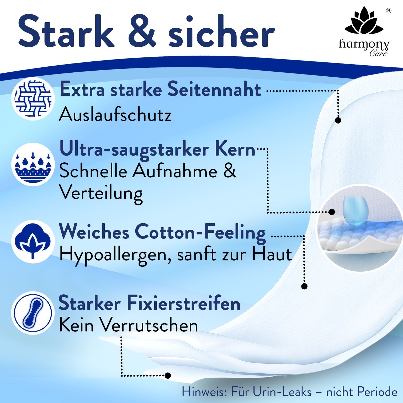Harmony Care® Lady - saugstarke Inkontinenzeinlagen für Damen – Auslaufschutz & Geruchskontrolle