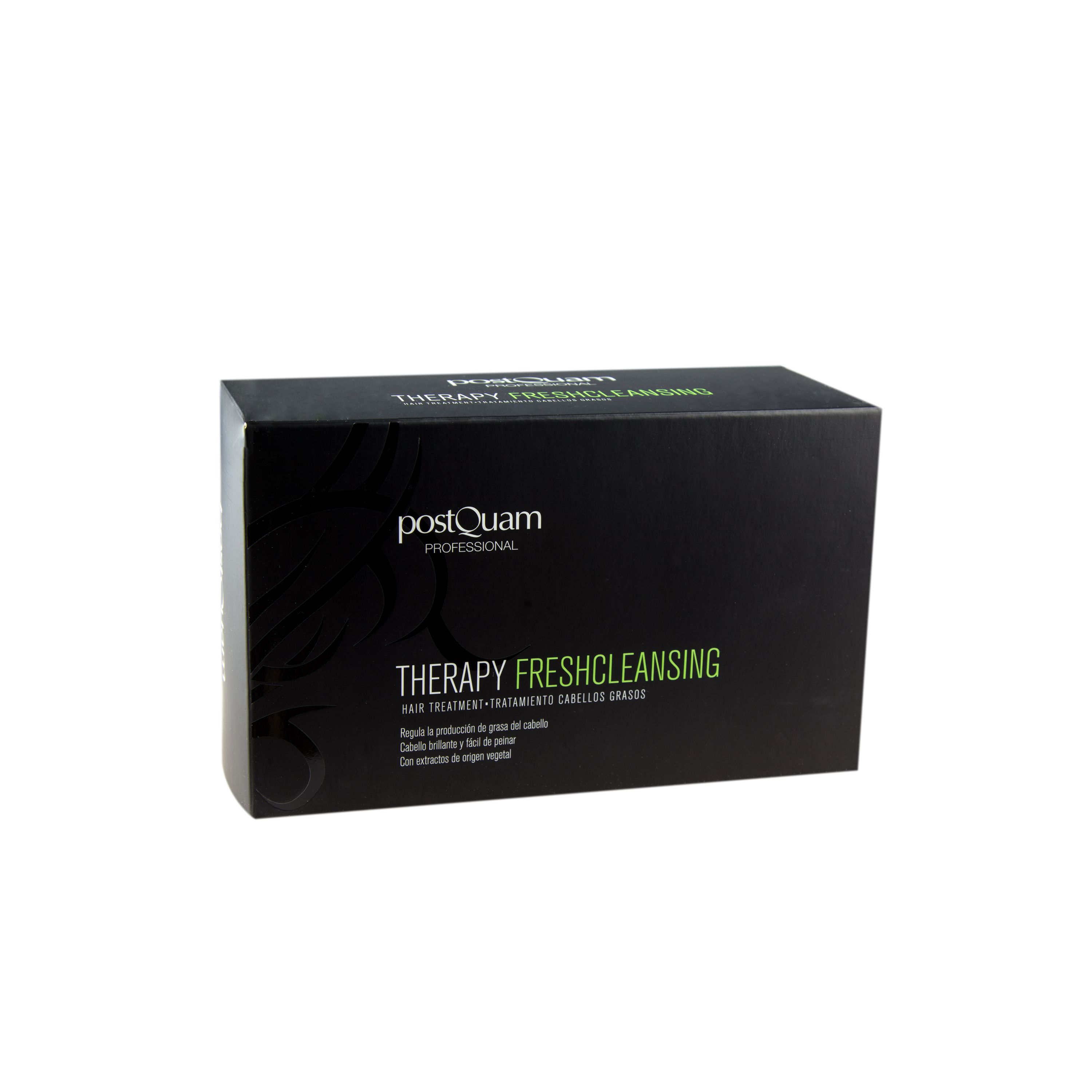 Schwarze Produktverpackung mit weißer Schrift. Aufschrift: Therapy Fresh Cleansing. Marke: PostQuam Professional.