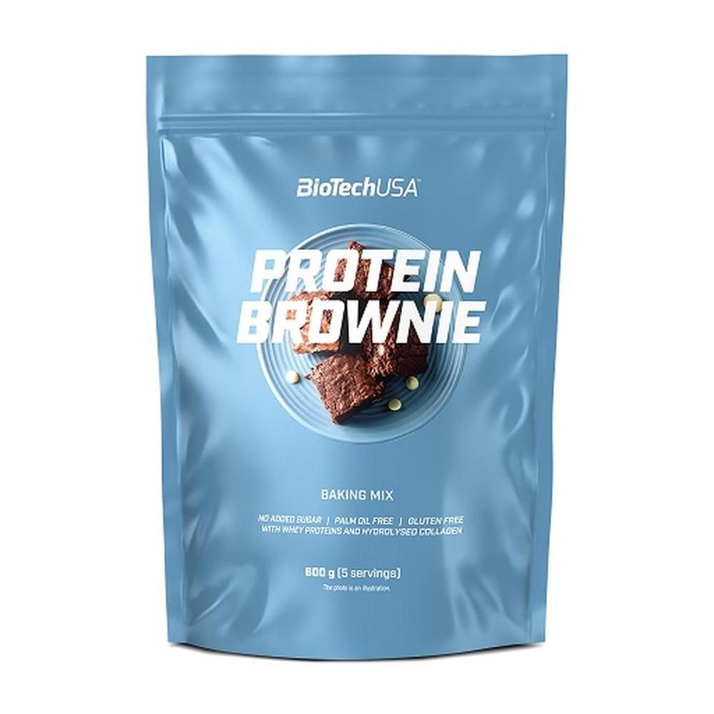 Hellblaue Verpackung mit Produktabbildung. Aufschrift: PROTEIN BROWNIE, BioTechUSA. Enthält 800g Backmischung. Ohne Zucker, Palmöl und Gluten.