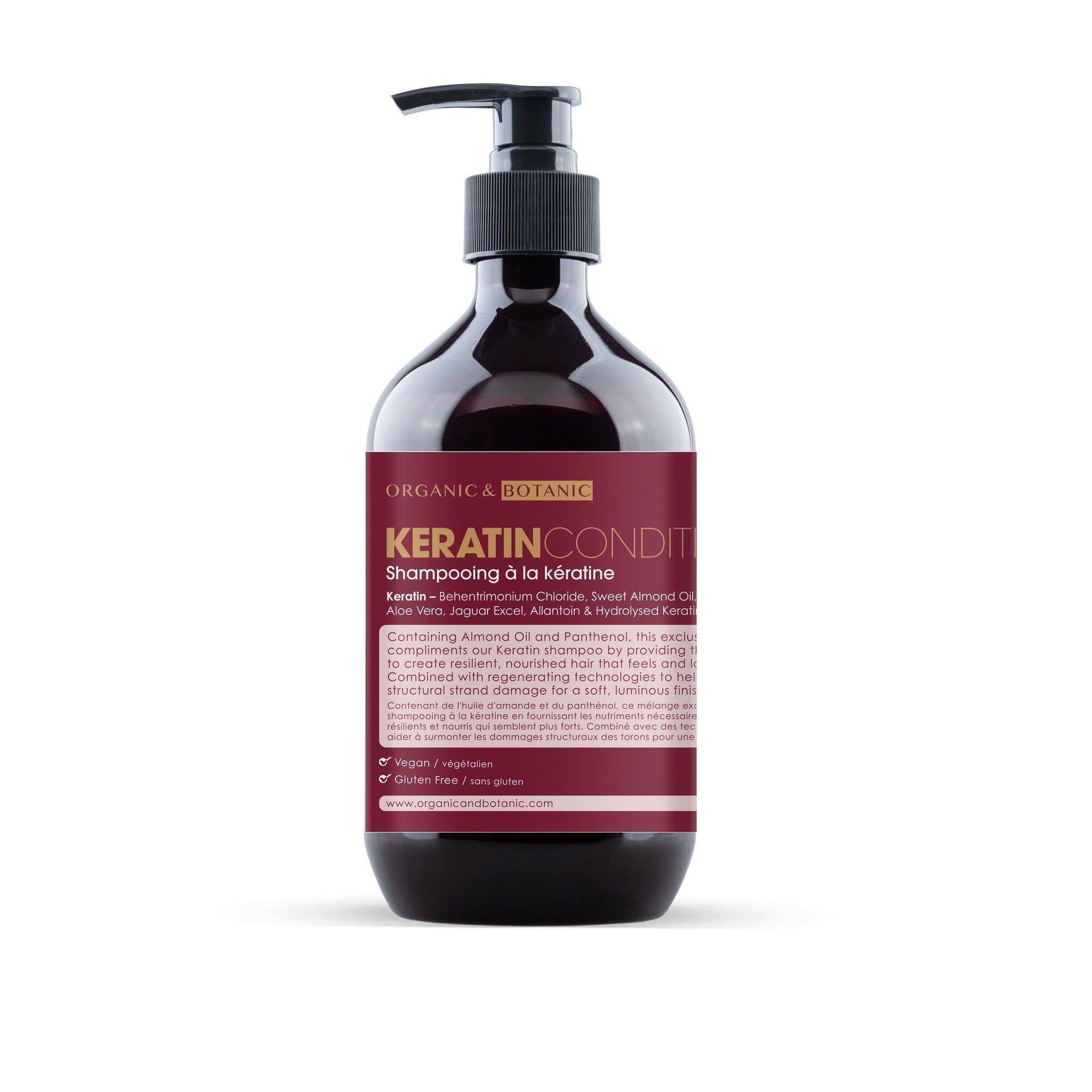 Braune Flasche mit schwarzem Pumpaufsatz. Etikett mit Text: Keratin Conditioner. Vegan, glutenfrei.
