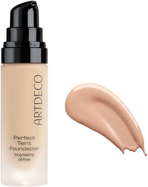 Foundation-Flakon mit schwarzem Pumpverschluss und Farbprobe. Aufschrift: ARTDECO, Perfect Teint Foundation, long-lasting, oil-free.