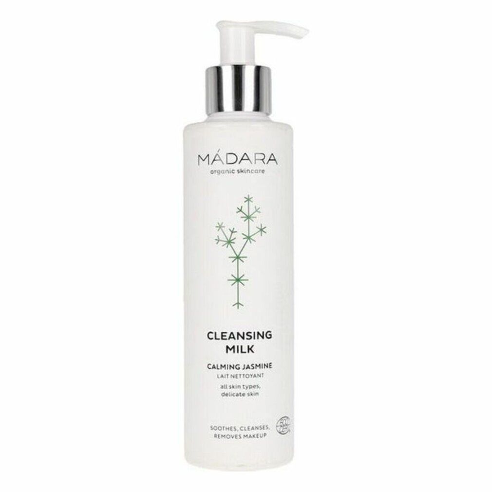 Weisse Flasche mit Pumpe. Aufschrift: MÁDARA, Cleansing Milk, Calming Jasmine. Bio-Zertifizierung.